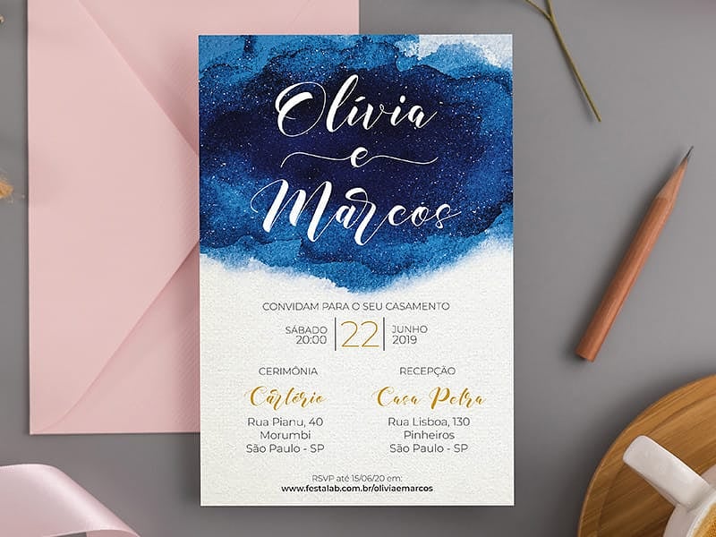 Crie seu convite de casamento - Moderno Azul Pincelado| Joliz