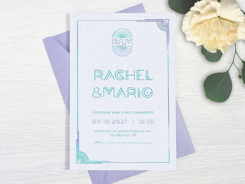 Convite de Casamento - Art Deco Azul Lilas