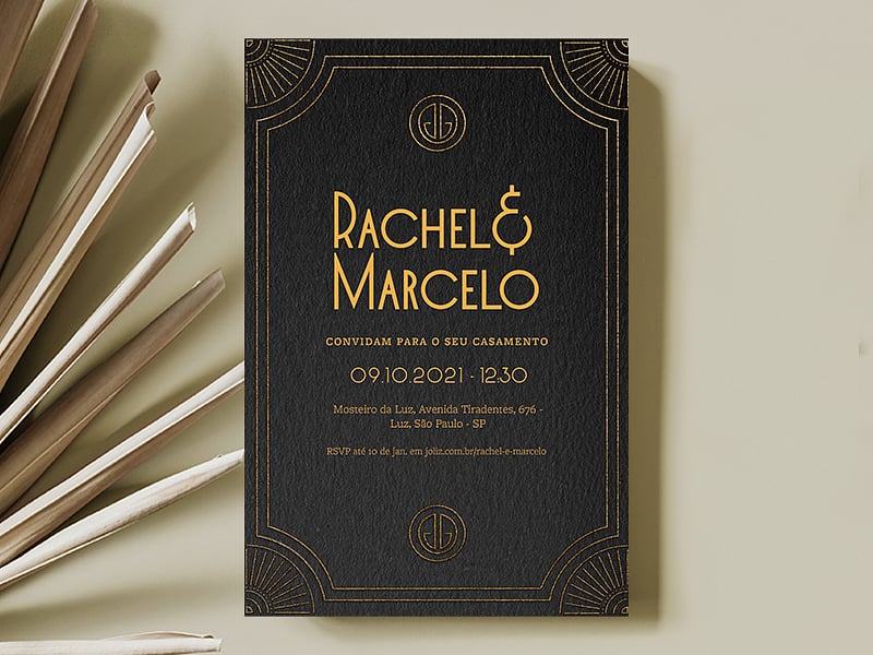 Convite de Casamento Luxuoso Preto e Dourado