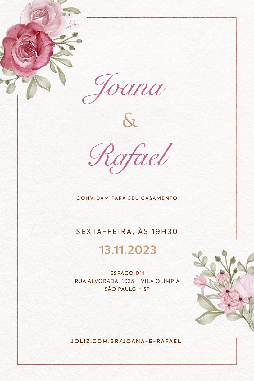Convite de Casamento - Buque rosa e dourado