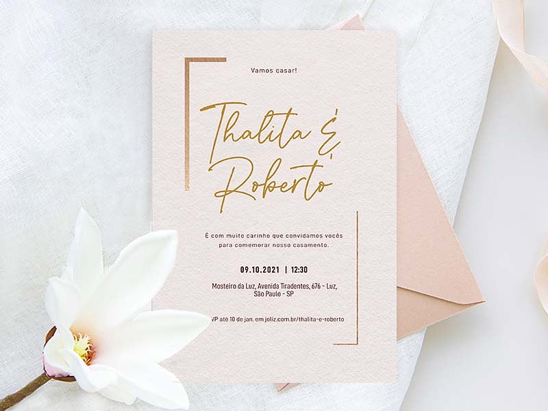 Convite de Casamento Moderno Rose Gold e Dourado