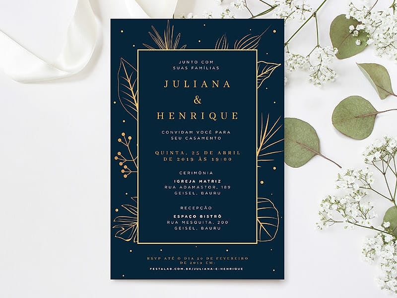 Crie seu convite de casamento - Luxuoso Azul e Dourado| Joliz
