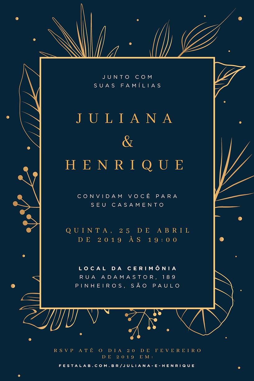 Convite de Casamento Luxuoso Azul e Dourado