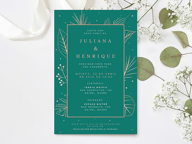 Convite de Casamento Luxuoso Verde e Dourado