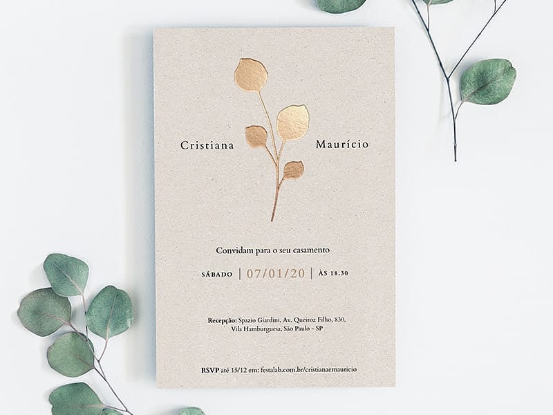 Convite de Casamento Chique Folhas Douradas