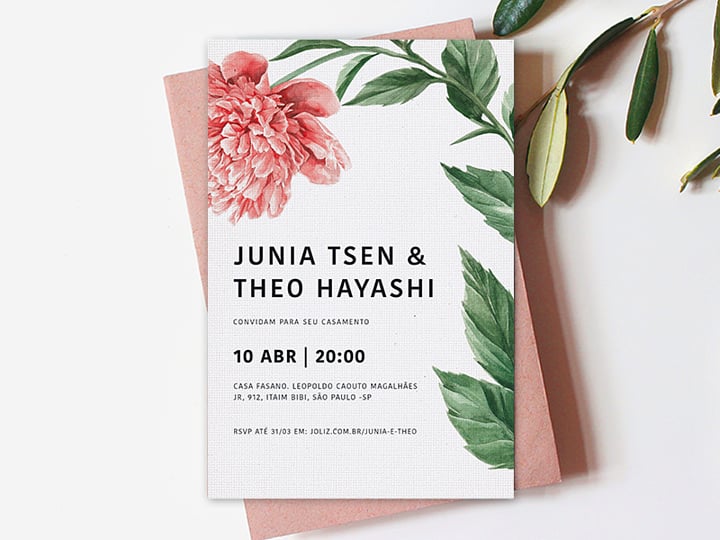 Convite de Casamento Floral Vermelha Peônia