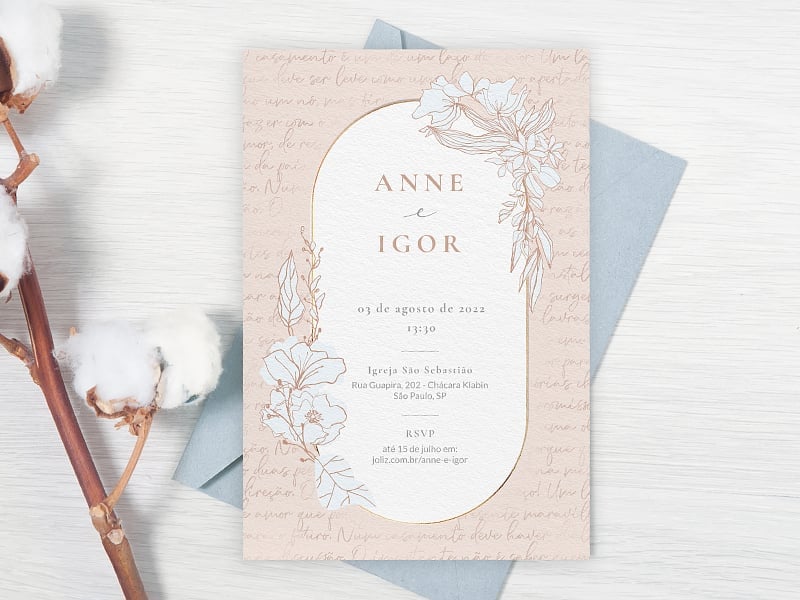 Crie seu convite de casamento - Floral minimalista rose| Joliz