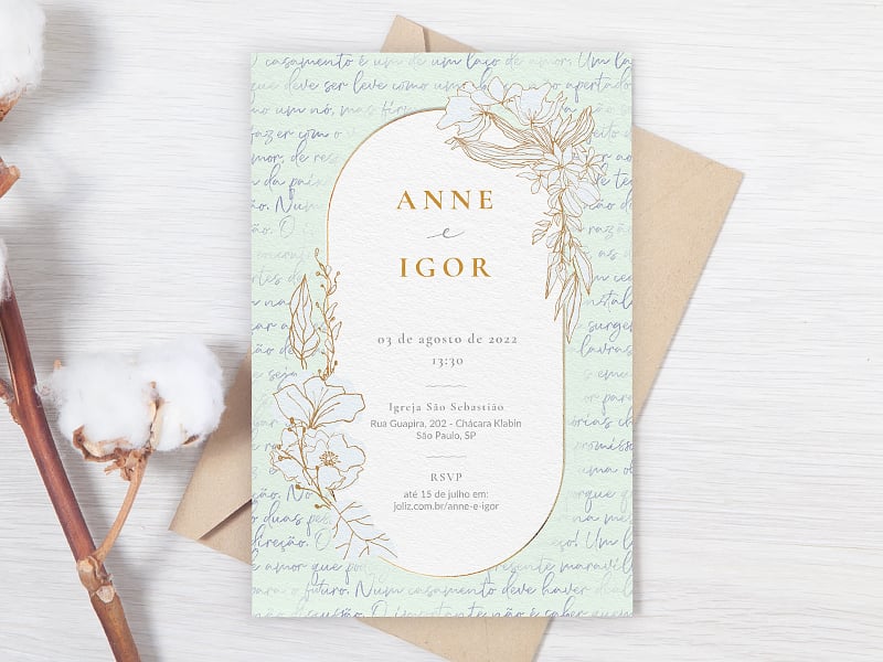 Crie seu convite de casamento - Floral minimalista verde| Joliz