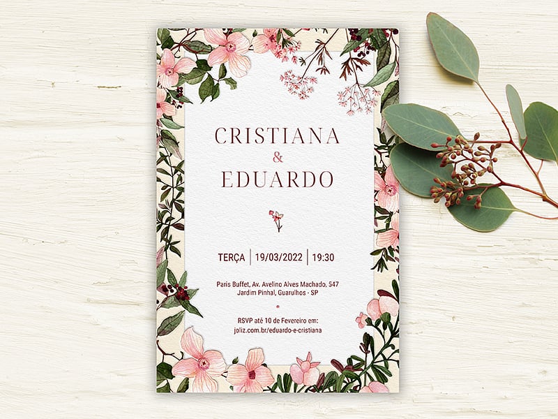 Crie seu convite de casamento - Floral Borda Rosa| Joliz