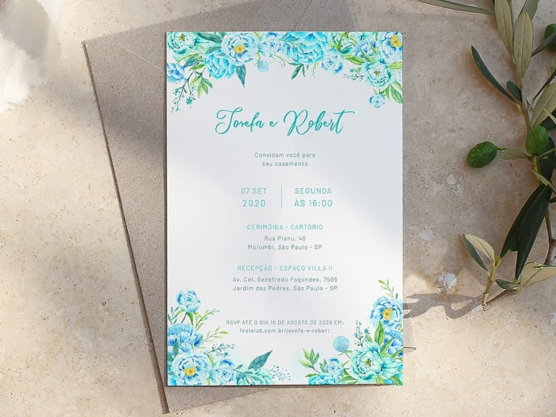 Crie seu convite de casamento - Floral Peônias Tiffany| Joliz