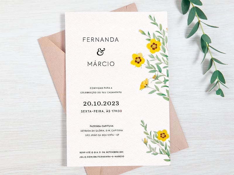 Crie seu convite de casamento - Simplicidade Floral Amarela| Joliz