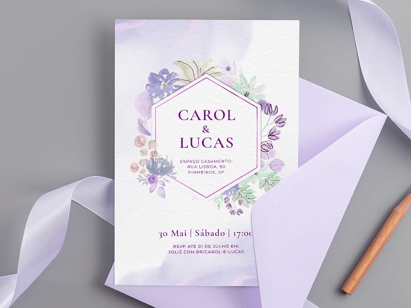 Crie seu convite de casamento - Flores aquarela lilás| Joliz