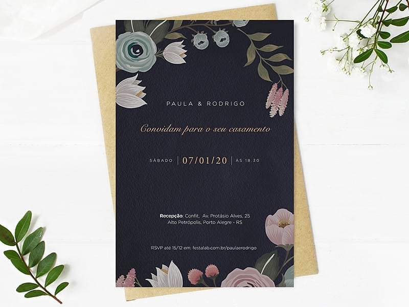 Crie seu convite de casamento - Floral Preto| Joliz