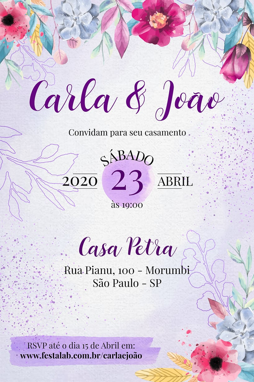 Convite de Casamento - Florido moderno roxo