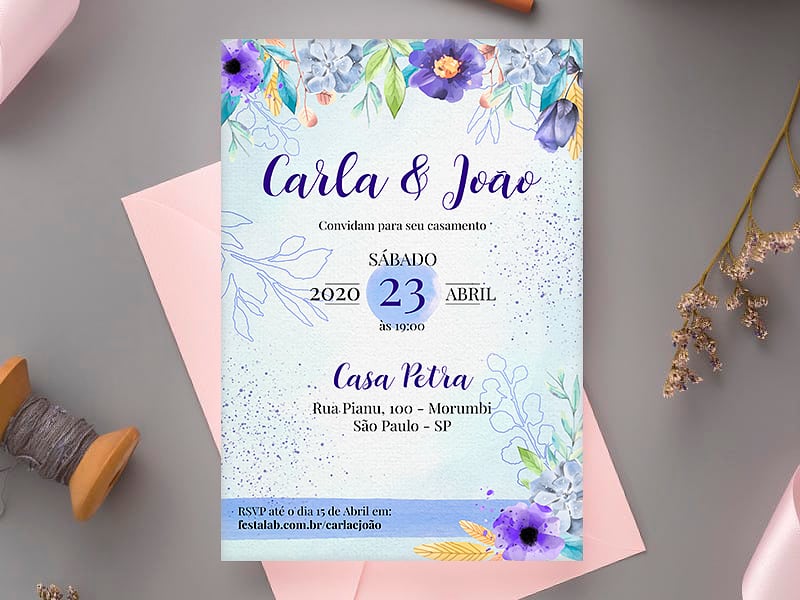 Convite de Casamento Flores roxas elegantes