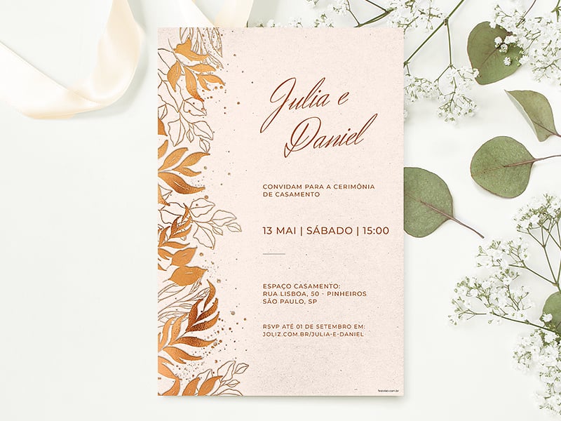 Convite de Casamento Floral Chique Dourado