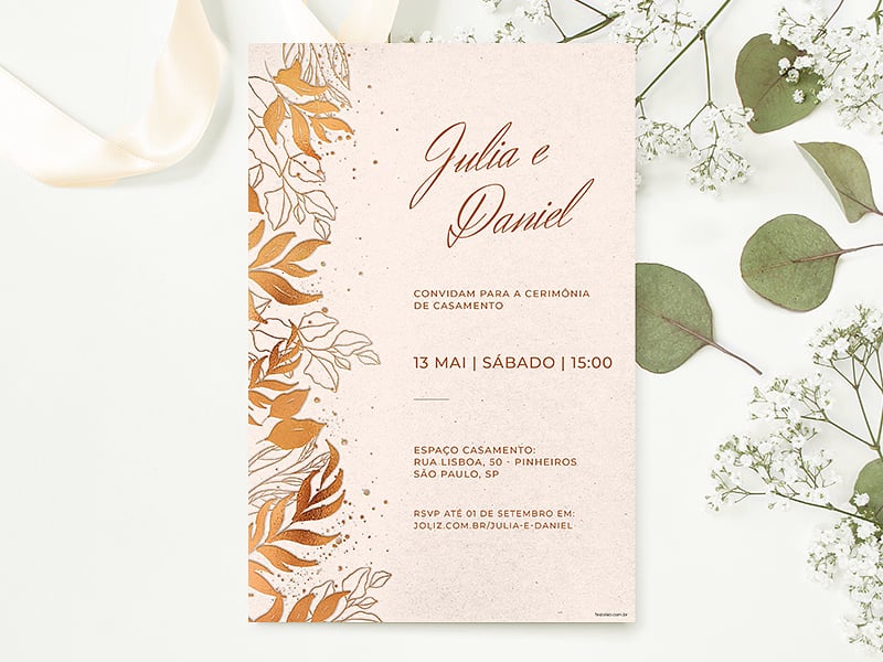 Crie seu convite de casamento - Folhas minimalistas dourado| Joliz