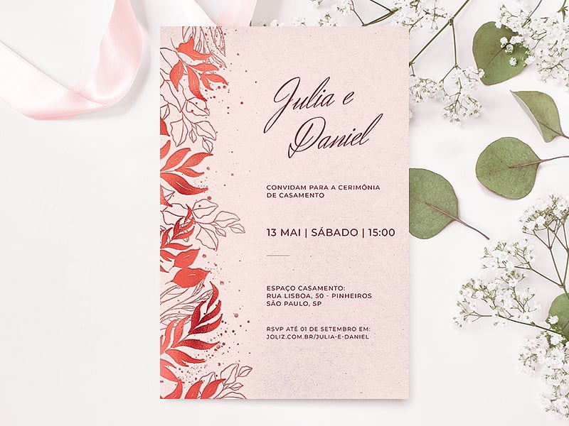 Crie seu convite de casamento - Floral Chique Vermelho| Joliz