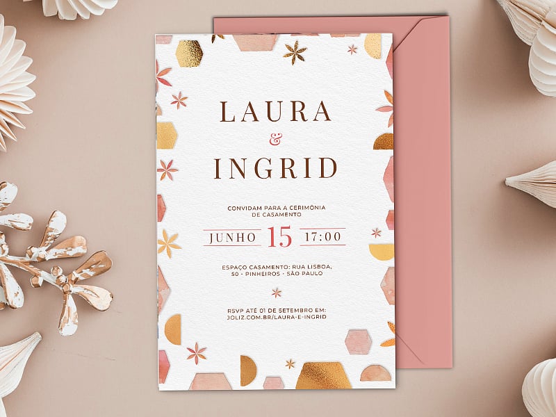 Convite de Casamento Moderno Formas Dourada