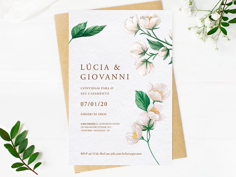 Convite de Casamento Floral Jasmin Aquarelado