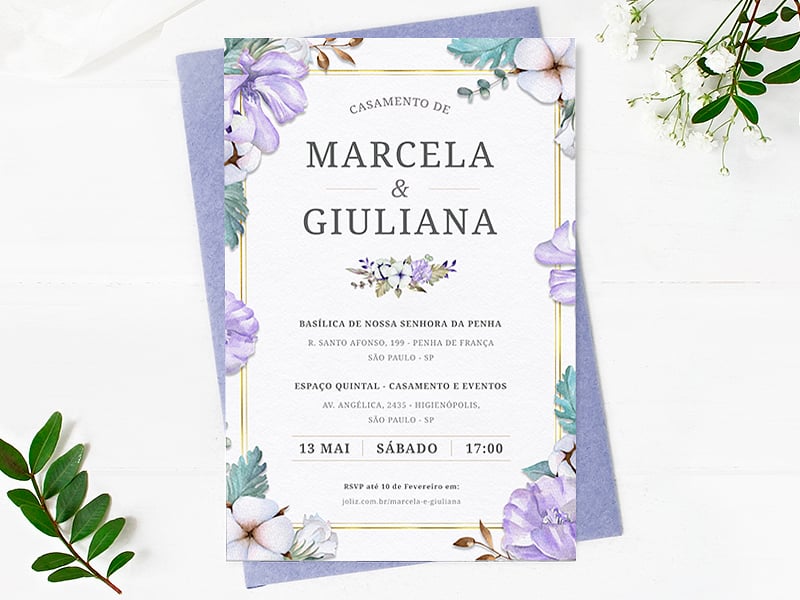 Crie seu convite de casamento - Lírios e botânicos lilás  | Joliz