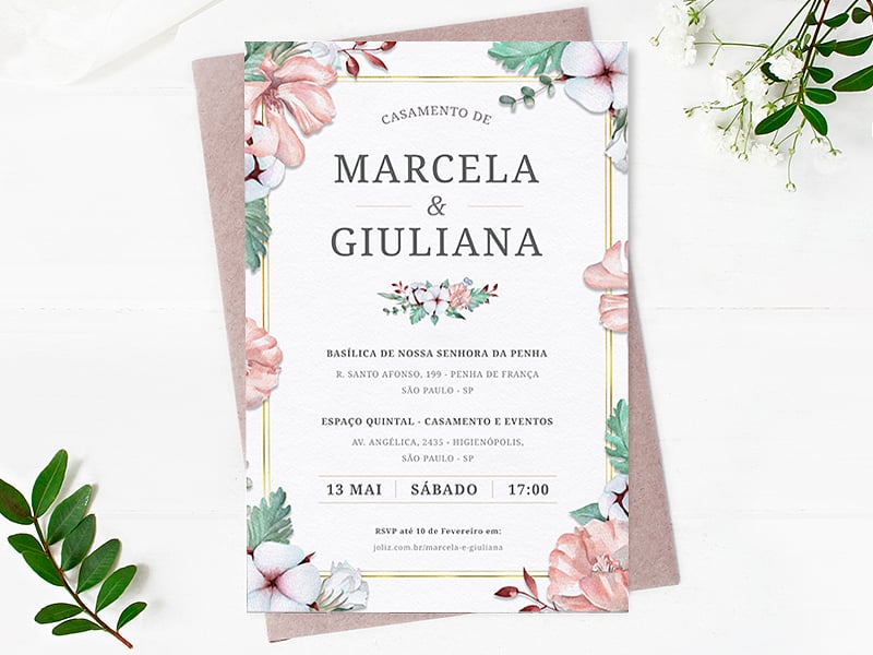 Crie seu convite de casamento - Lírios e Botânicos rosas| Joliz