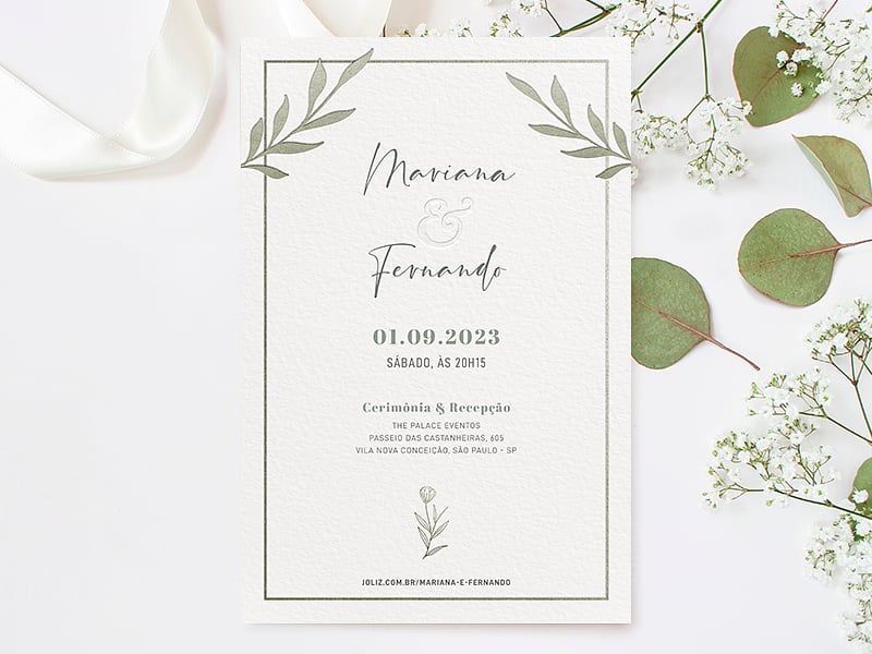 Convite de Casamento Folhagem Sofisticado para editar e imprimir