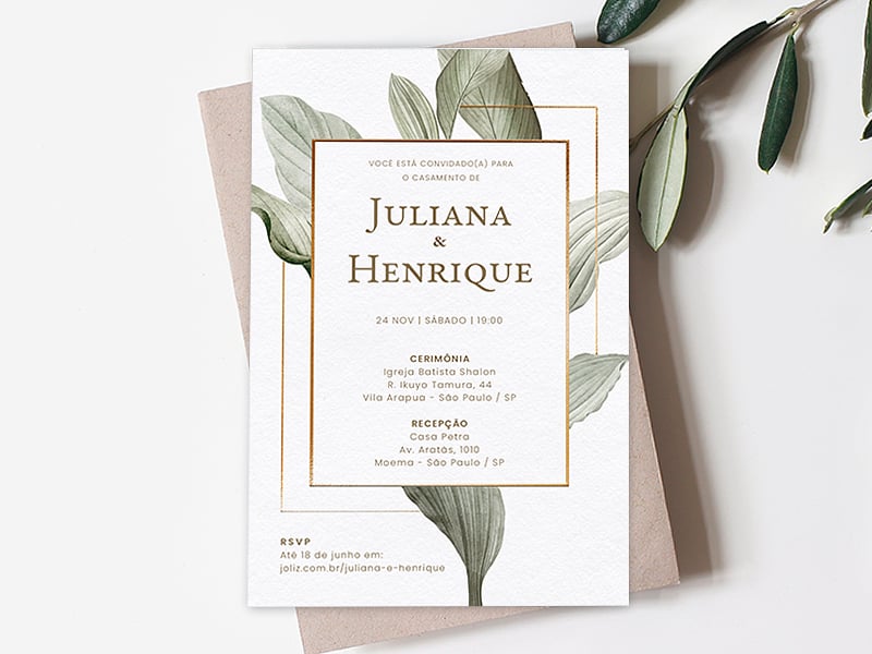 Convite de Casamento Folhagem entre moldura