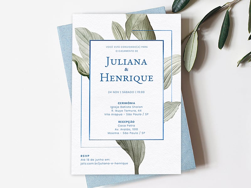 Convite de Casamento Folhagem entre moldura celeste