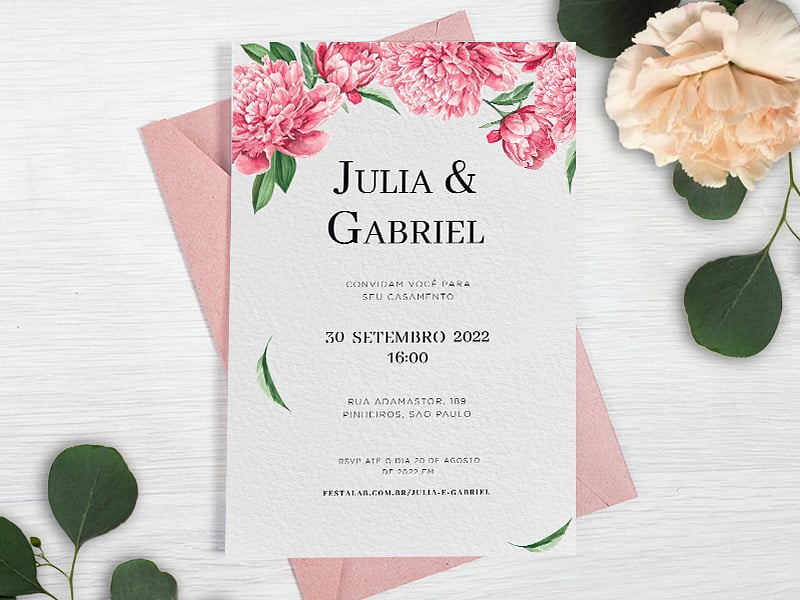 Crie seu convite de casamento - Floral Peônia Rosa| Joliz