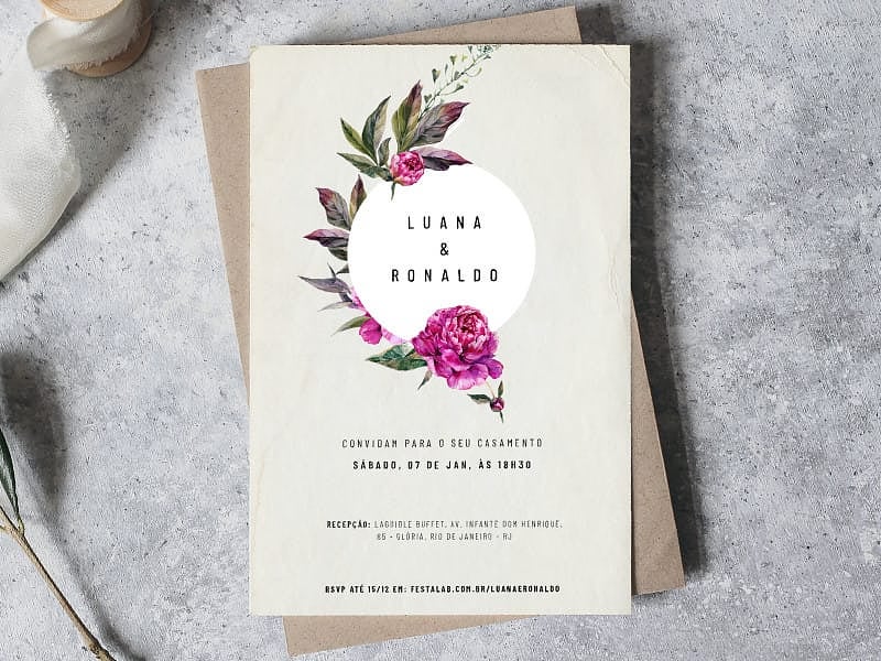 Crie seu convite de casamento - Floral Peônias Roxas| Joliz