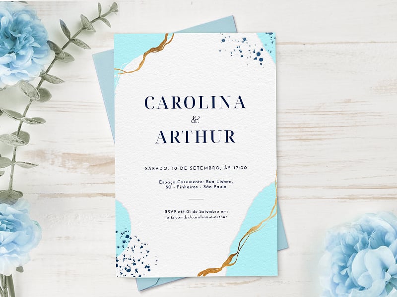 Convite de Casamento Moderno Pincelado Azul