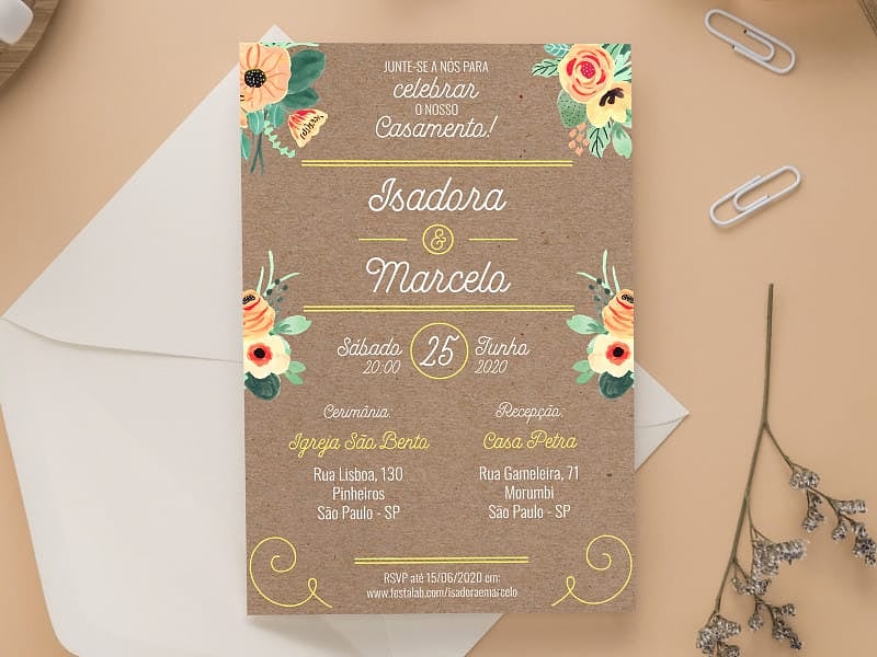 Crie seu convite de casamento - Rústico Flores em Kraft| Joliz