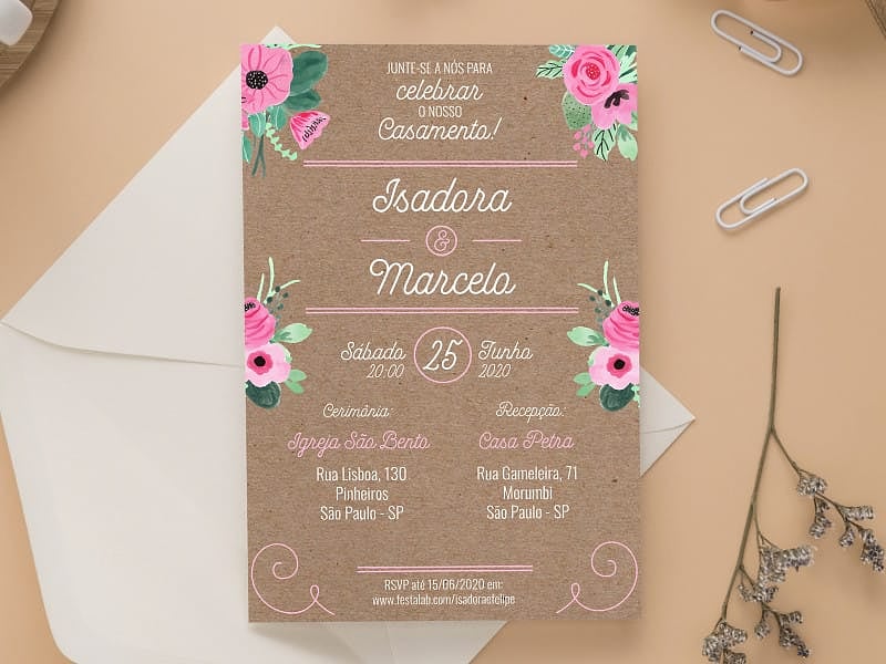 Convite de Casamento Rústico Rosas em Kraft