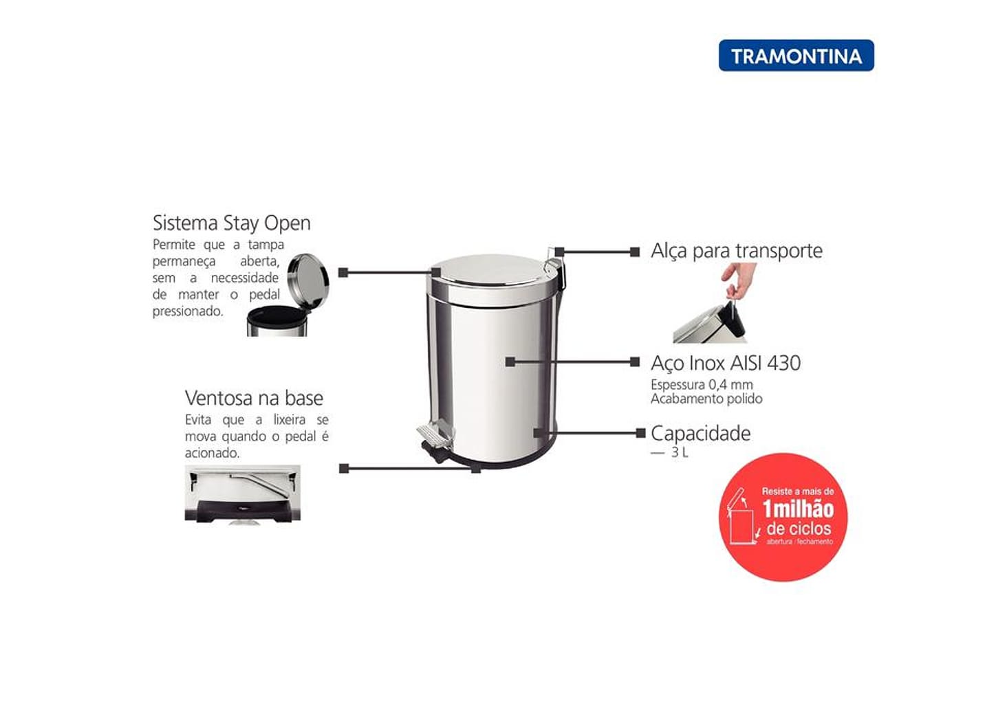 Lixeira Inox com Pedal Tramontina Brasil 3 L