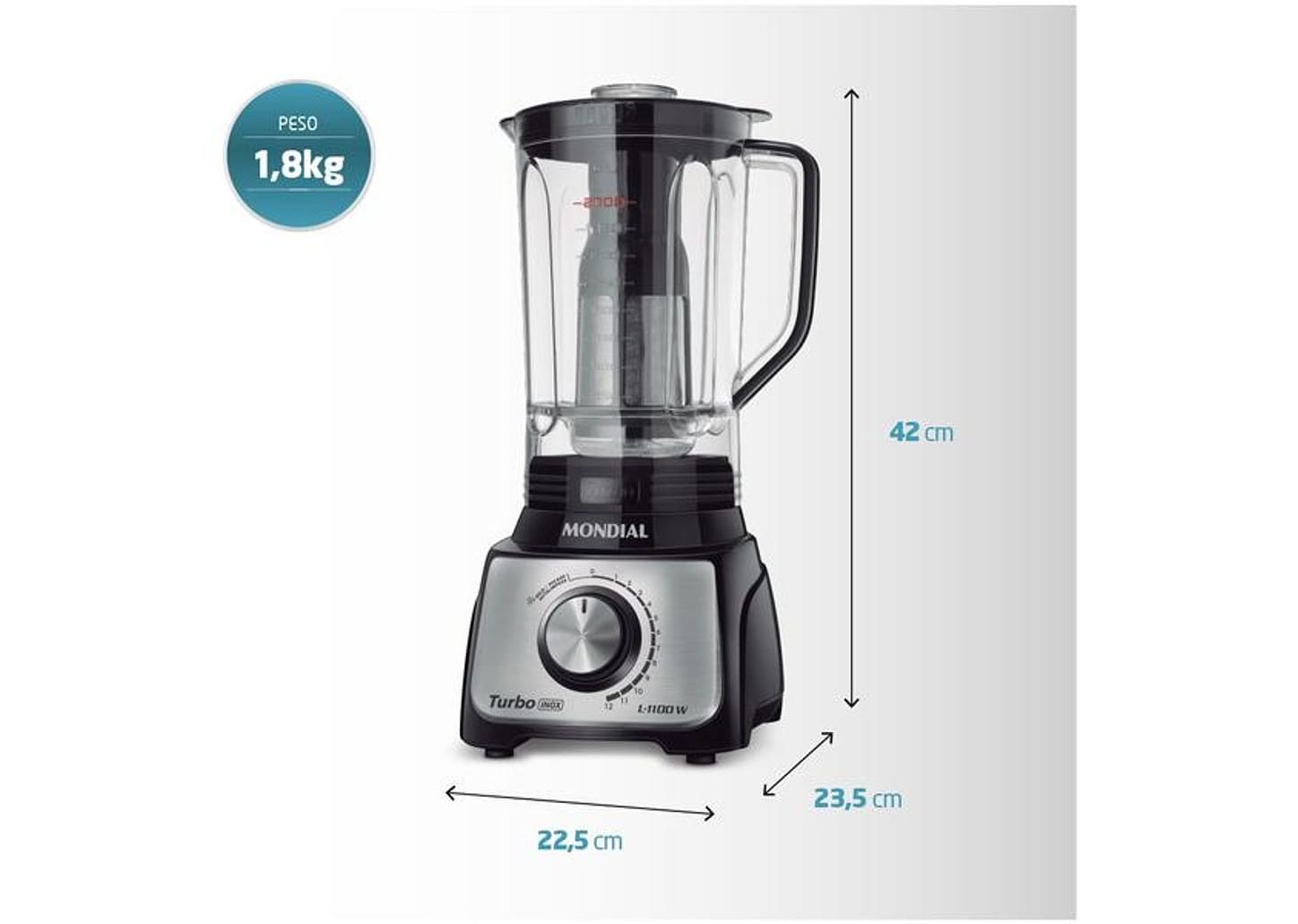 Liquidificador Mondial Turbo Inox L-1100 BI - Preto com Filtro 12 Velocidades 1100W