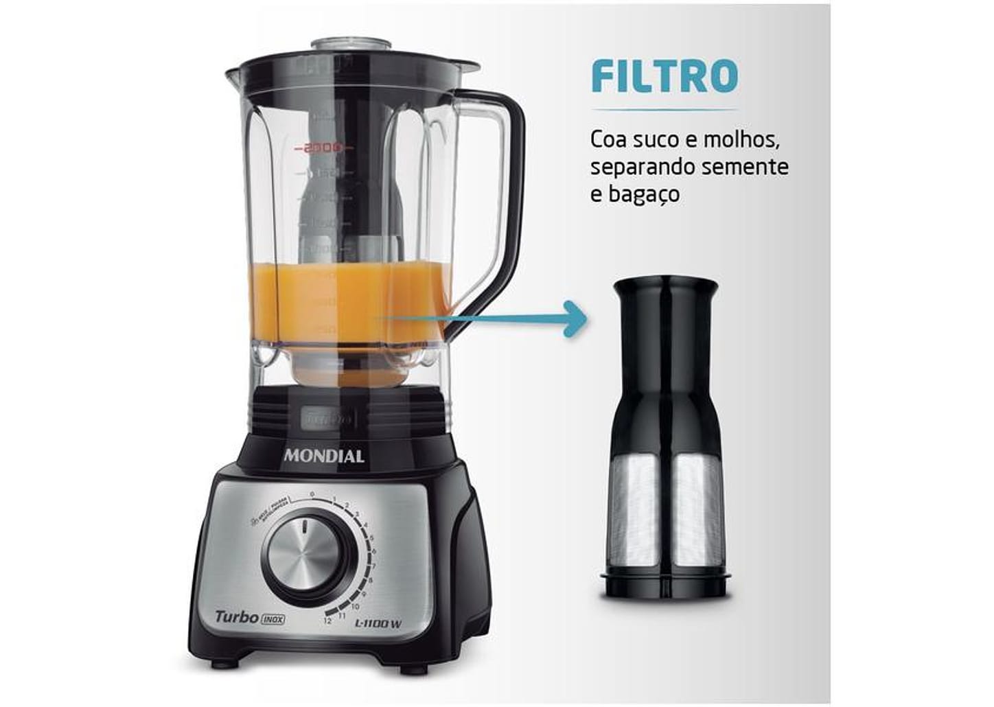 Liquidificador Mondial Turbo Inox L-1100 BI - Preto com Filtro 12 Velocidades 1100W