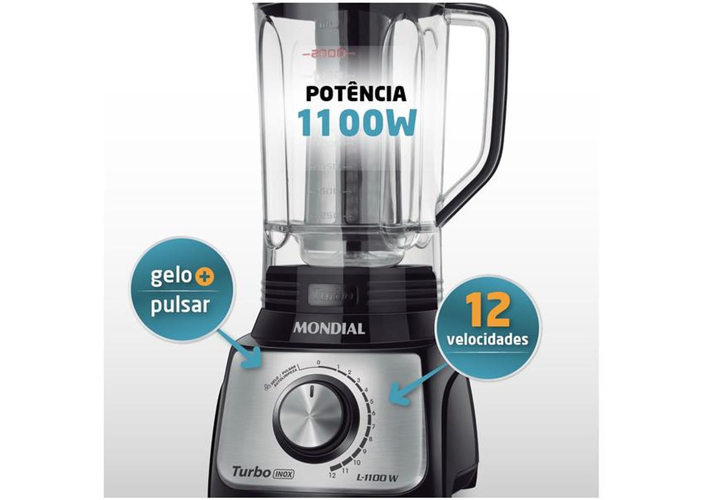 Liquidificador Mondial Turbo Inox L-1100 BI - Preto com Filtro 12 Velocidades 1100W
