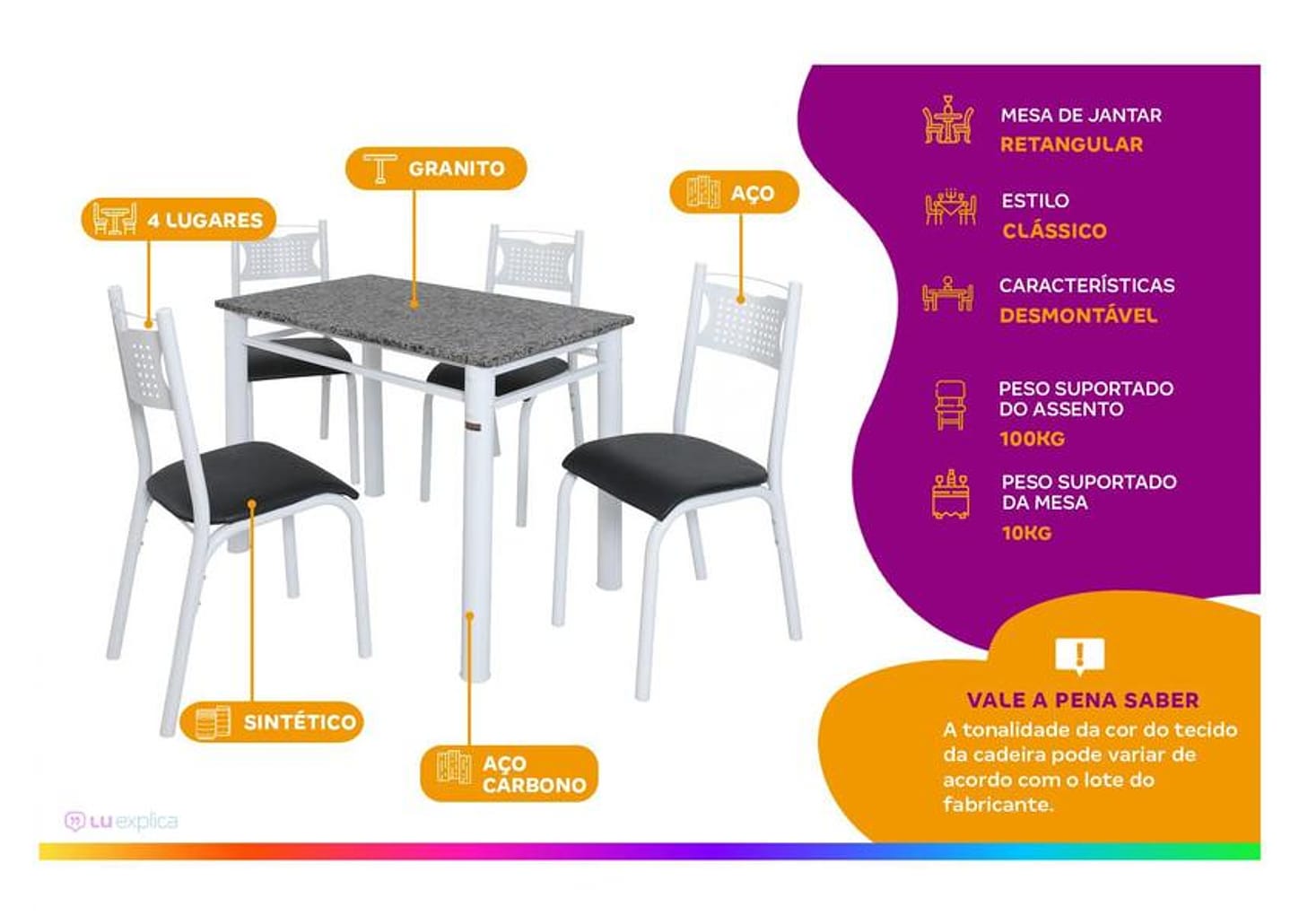 Mesa de Cozinha 4 Cadeiras 4 Lugares Retangular - Poeme Ciplafe