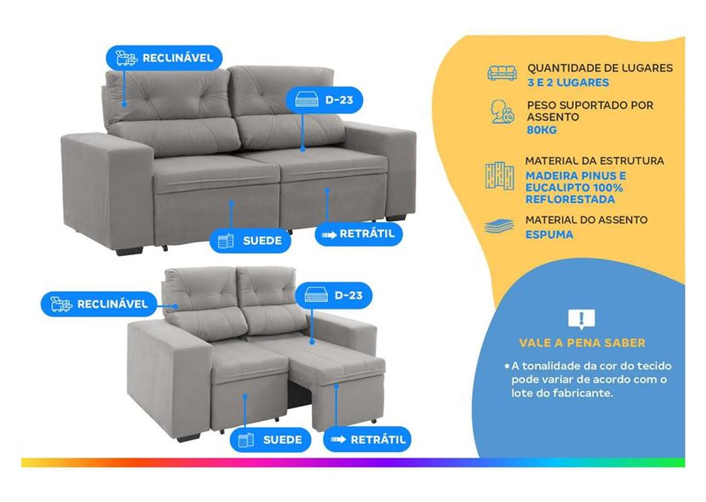 Conjunto de Sofás 2 e 3 Lugares Retrátil e - Reclinável Phormatta Evolution SMP