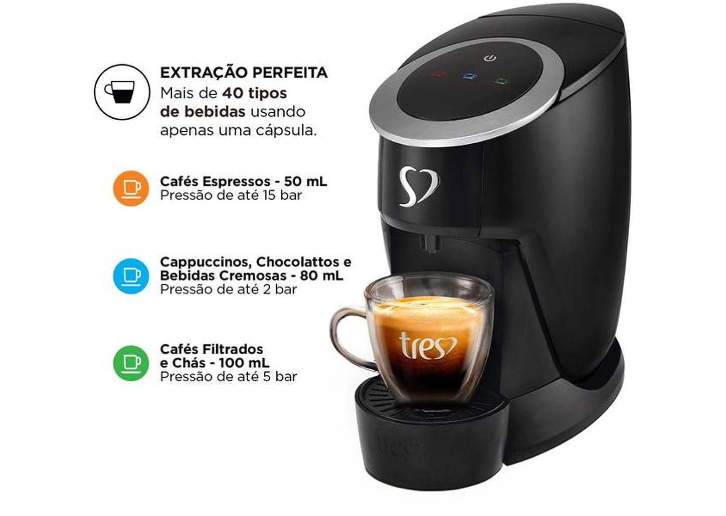 Cafeteira Espresso TRES 3 Corações Touch Preta