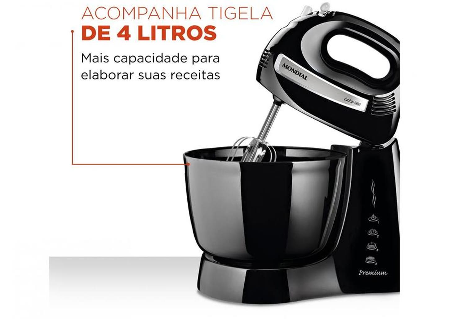 Batedeira Mondial Preta 500W Premium - Due Cake Inox B-50-B 4 Velocidades