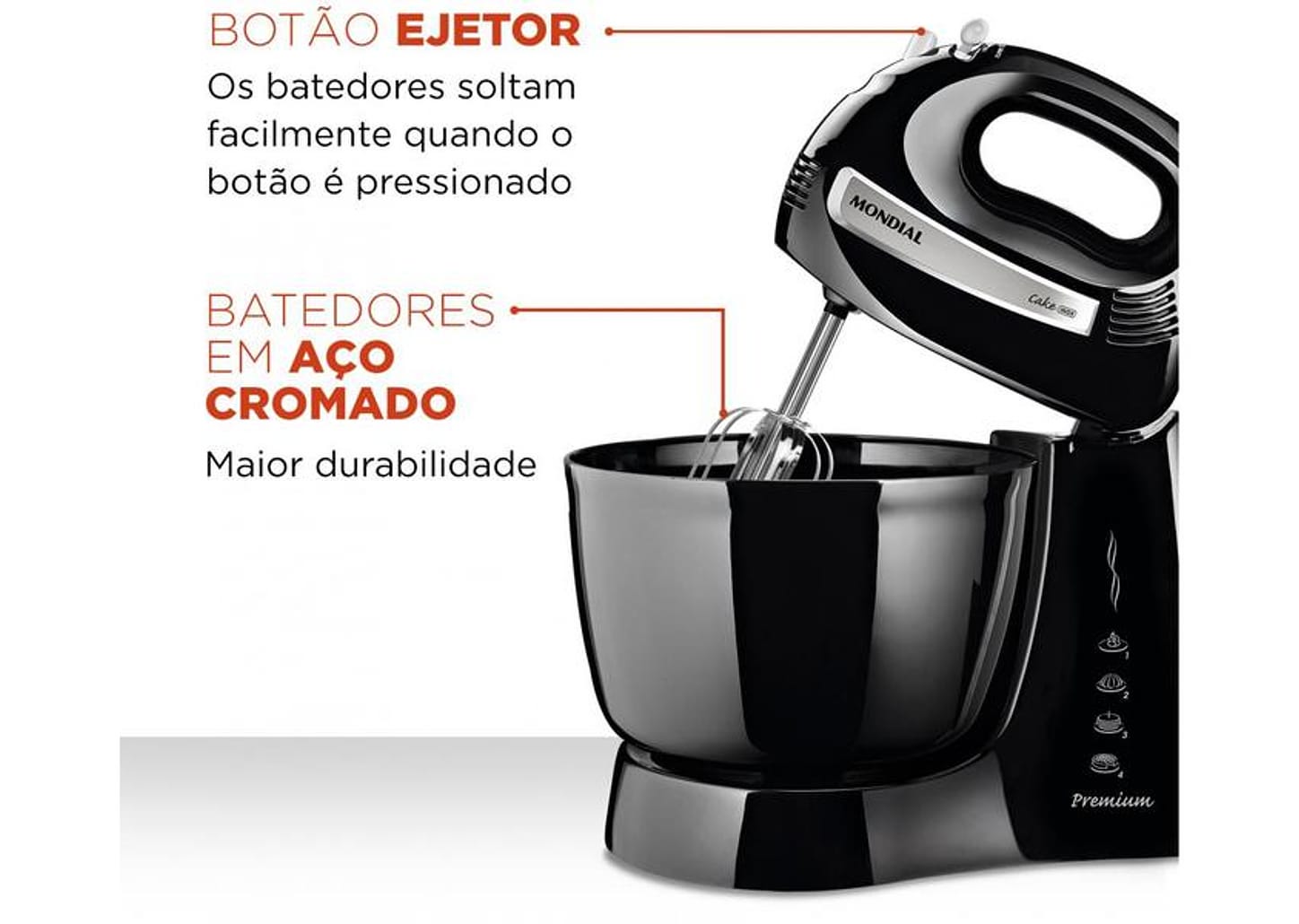 Batedeira Mondial Preta 500W Premium - Due Cake Inox B-50-B 4 Velocidades