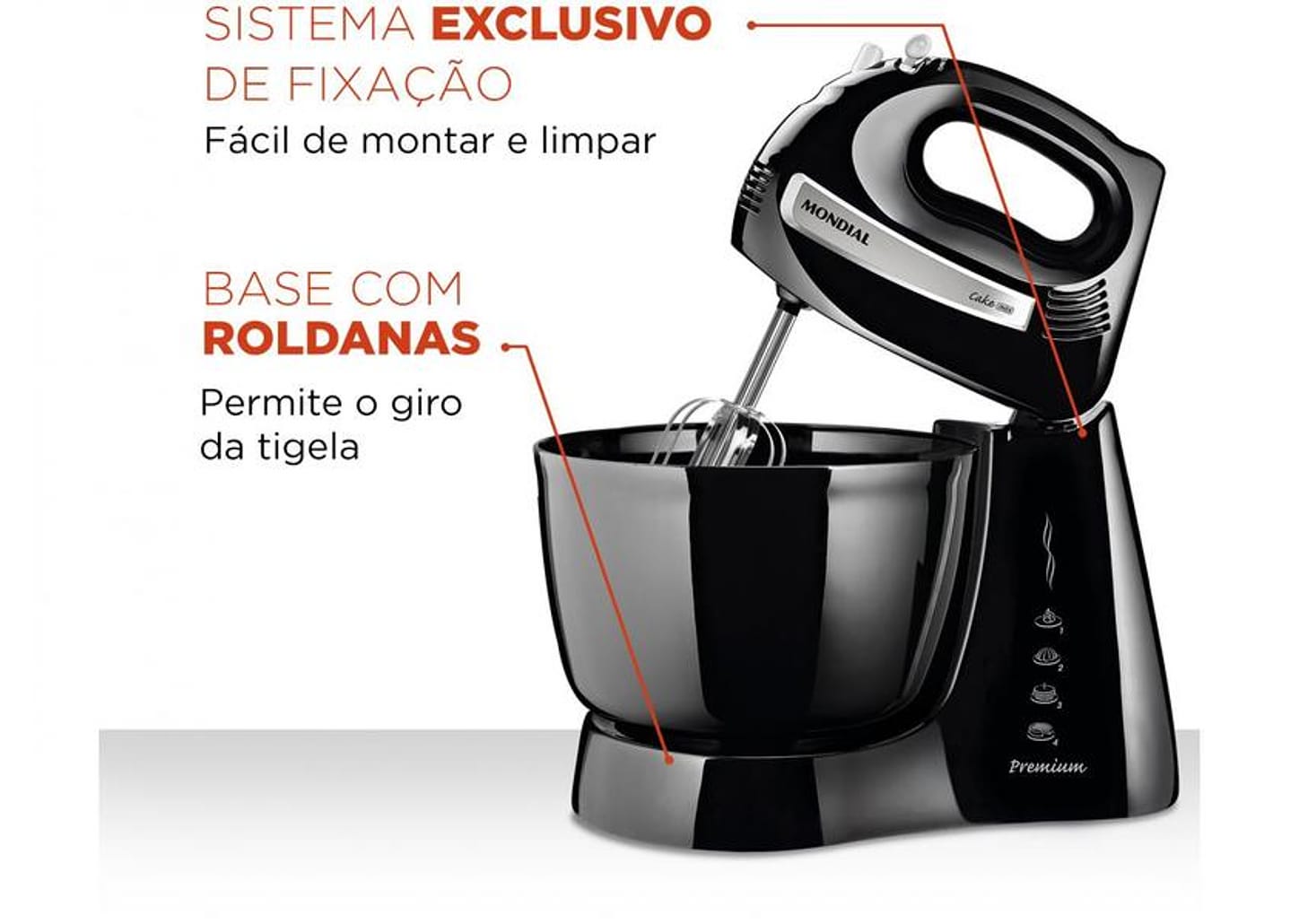 Batedeira Mondial Preta 500W Premium - Due Cake Inox B-50-B 4 Velocidades
