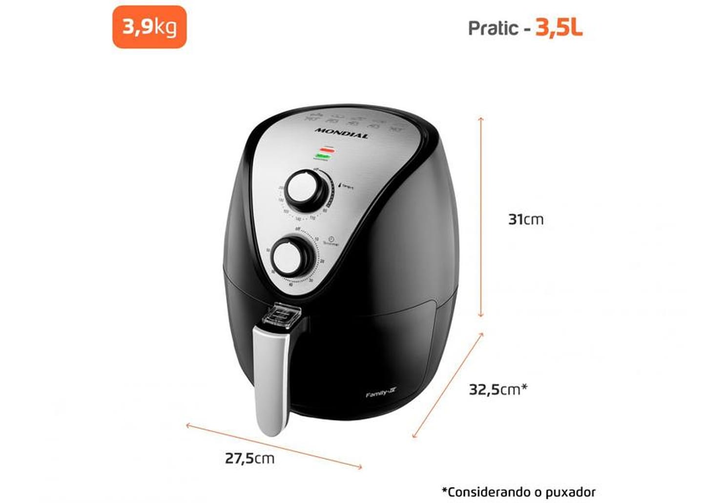Fritadeira Elétrica sem Óleo/Air Fryer Mondial - Family-IV AF-30I Preta 3,5L com Timer
