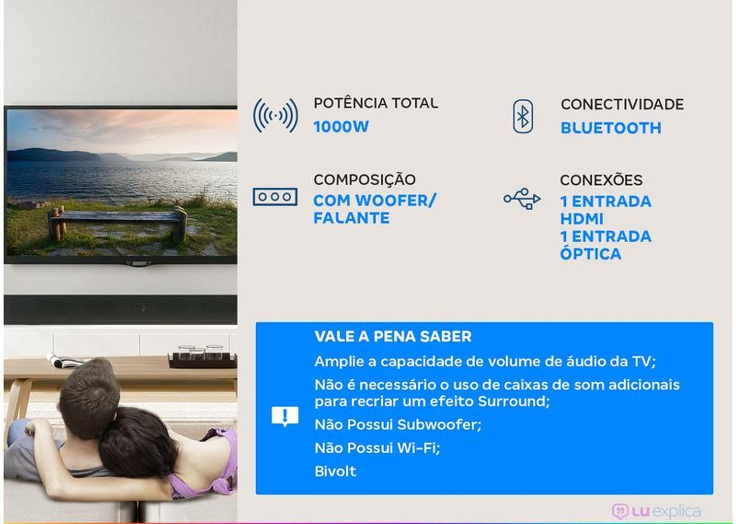 Soundbar Gradiente com Subwoofer Bluetooth 1000W Cobre Coletion GST107