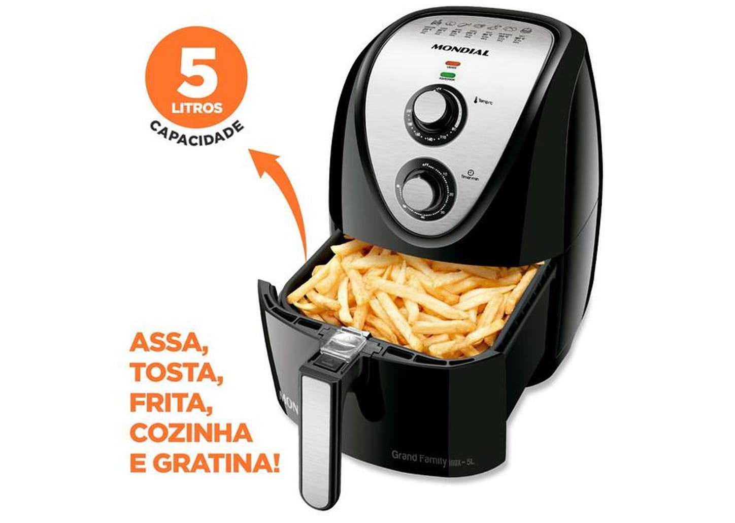 Fritadeira Elétrica sem Óleo/Air Fryer Mondial - Grand Family Inox AFN-50-BI Preto 5L com Timer