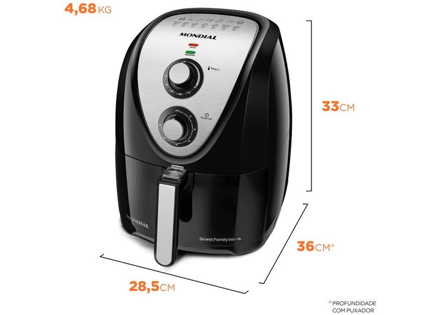 Fritadeira Elétrica sem Óleo/Air Fryer Mondial - Grand Family Inox AFN-50-BI Preto 5L com Timer
