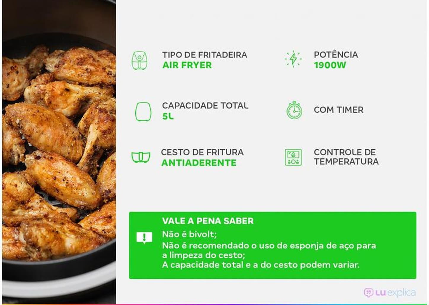 Fritadeira Elétrica sem Óleo/Air Fryer Mondial - Grand Family Inox AFN-50-BI Preto 5L com Timer