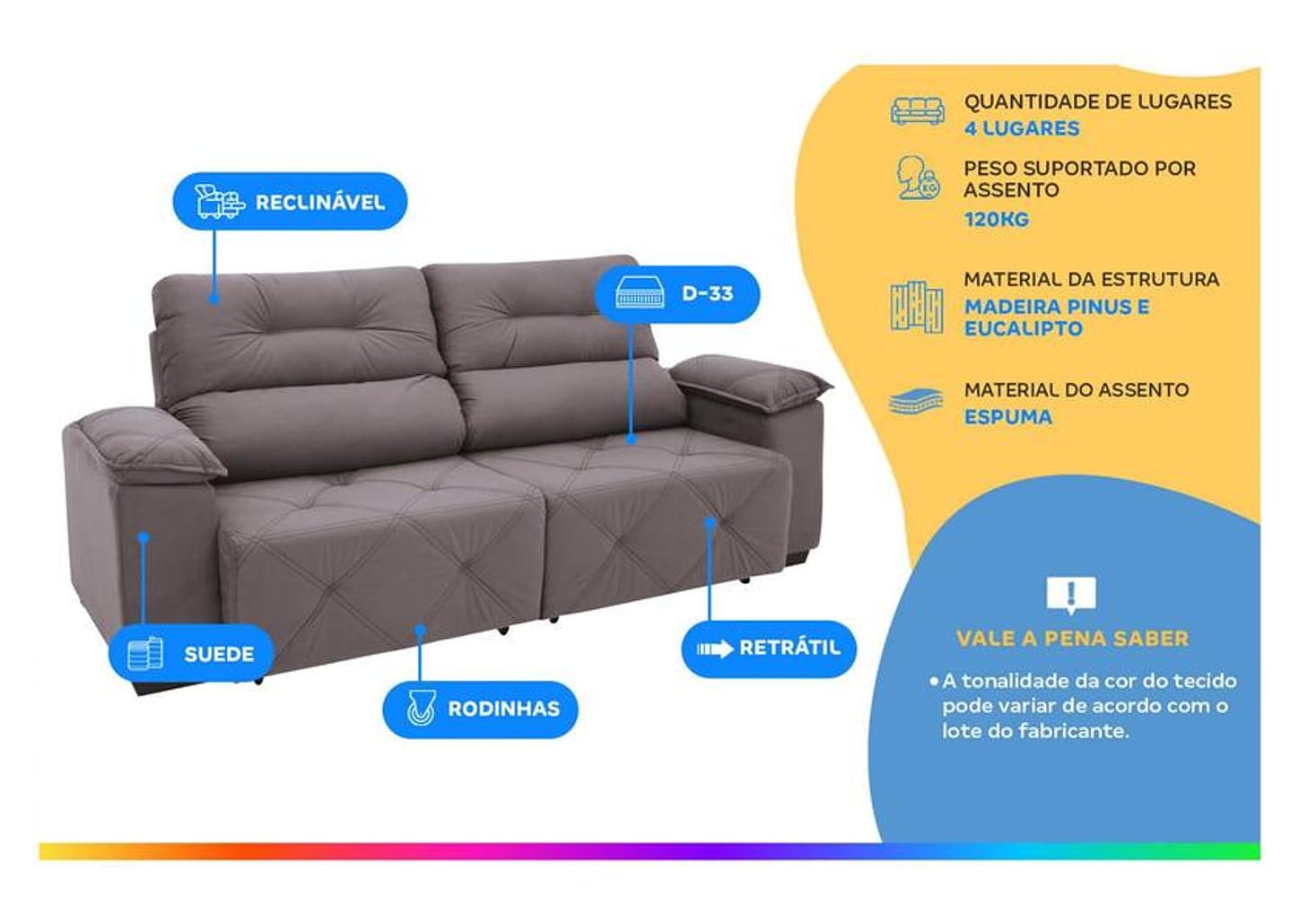 Sofá Retrátil Reclinável 4 Lugares Suede Moviment Grazzia Linoforte